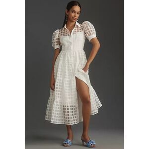 English Factory Womens Organza Grid Button Front Midi-Dress White Small